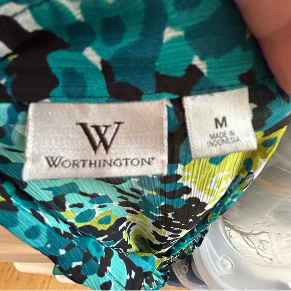 Worthington teal green blue yellow black sheer ruffled button down blouse Size M - Picture 7 of 8